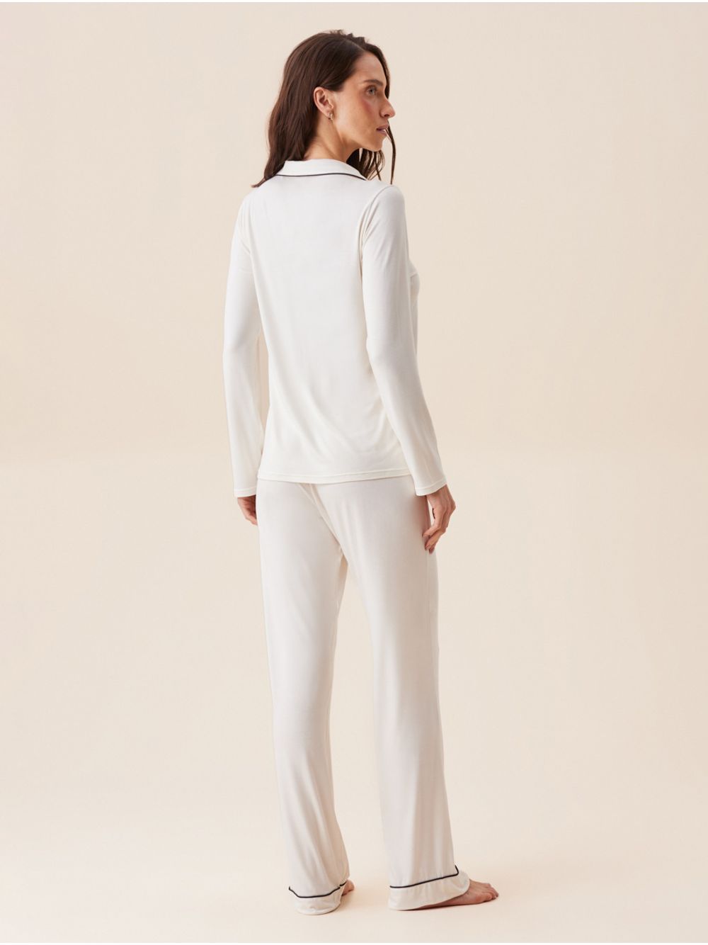 Hope — Pijama Longo Em Viscose Com Vivo Contrastante Flora Off White